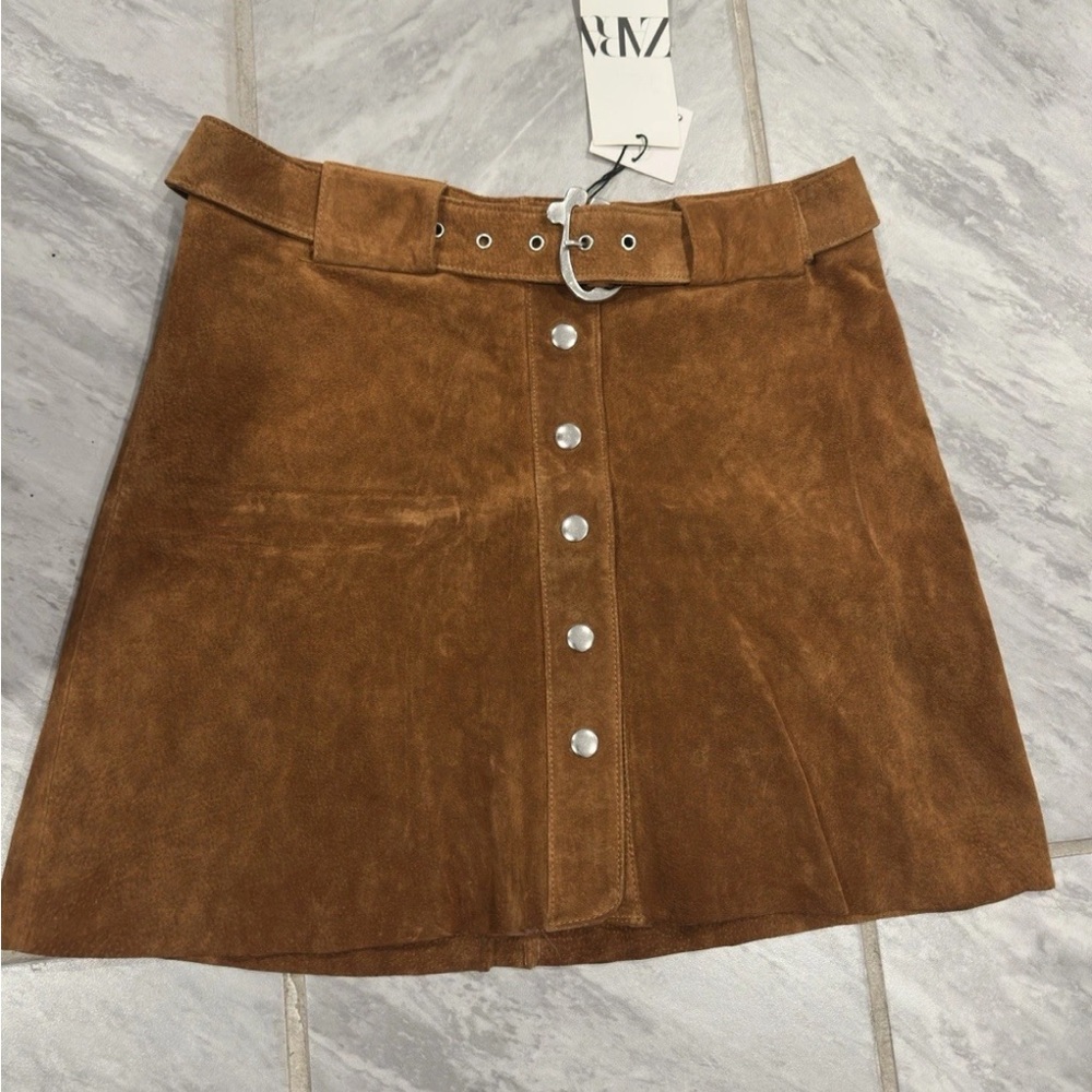 NWT Zara Women’s Brown Real Leather Suede Mini Skirt With Belt Size L